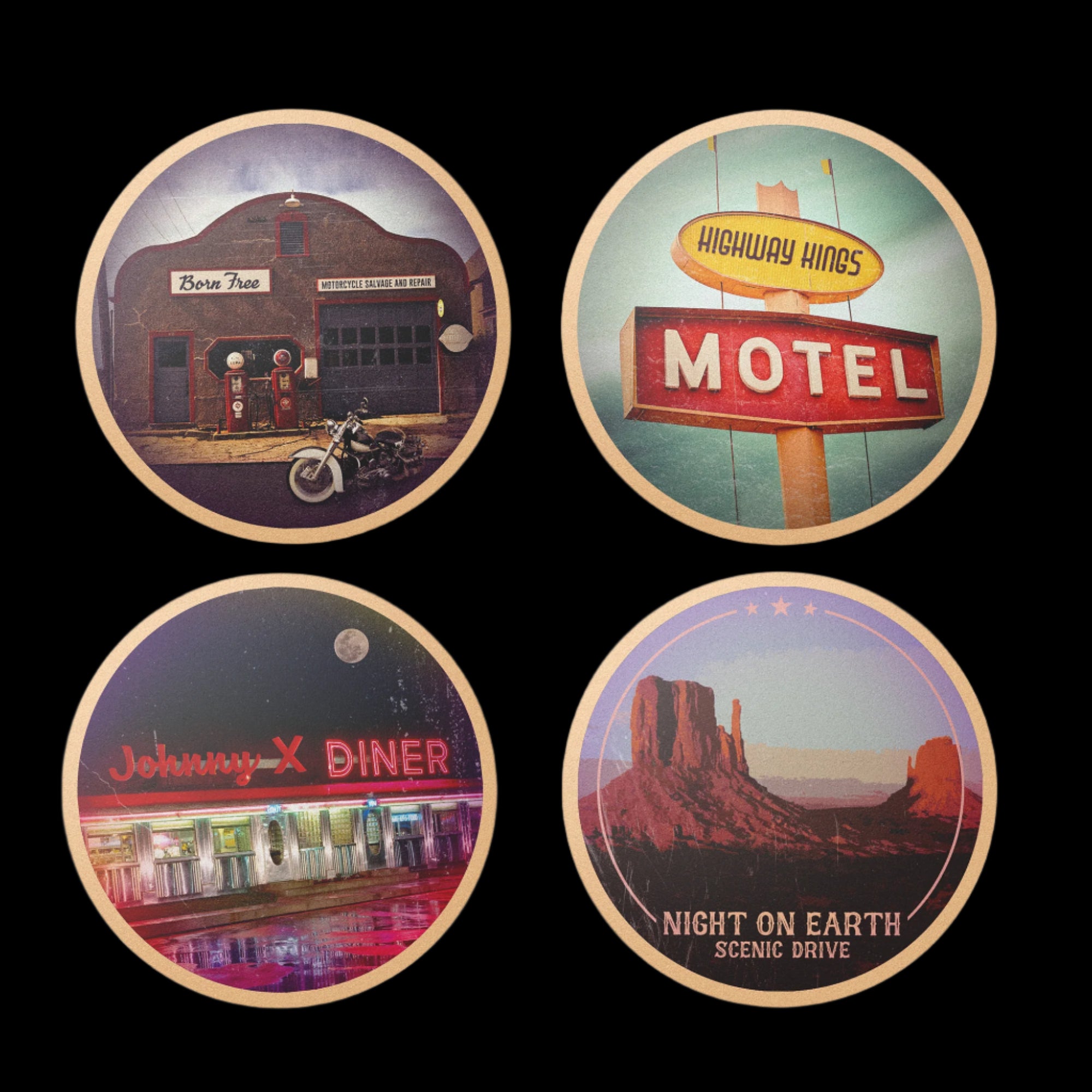 Image of 4 coasters against a white background. The top left coaster features a gas station with a motorcycle out front. The top right coaster is a sign that says highway hings motel. The bottom left coaster is a photo of a diner at night, a red neon sign says johnny x diner, and the sky has a full moon. The bottom right coaster is a photo of red rocks in the desert and below that it says night on earth, scenic drive.